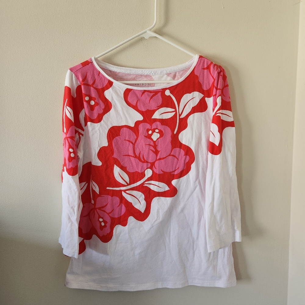 Talbots Pink And White Hawaiian 3/4 Sleeve Top - Picture 2 of 5
